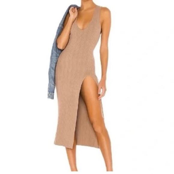 Revolve x Michael Costello Ribbed Midi Dress in Tan Size Medium - Picture 1 of 13